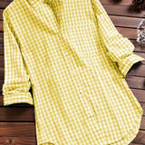 kkboxly  Plus Size Casual Blouse, Women's Plus Gingham Print Turn Down Collar Long Sleeve Shirt