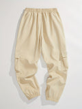 Kid's Trendy Patched Cargo Pants, Elastic Waist Trousers With Pockets, Boy's Clothes For All Seasons