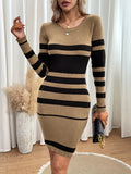 kkboxly  Striped Slim Sweater Dresses , Long Sleeve Crew Neck Mini Dress , Women's Clothings