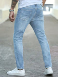 kkboxly  Slim Fit High Stretch Jeans, Men's Casual Street Style Distressed Denim Pants For All Seasons