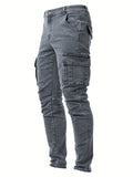 kkboxly Men's Casual Multi Pocket Jeans, Chic Street Style High Stretch Cargo Denim Pants