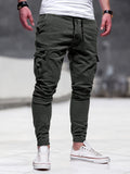 kkboxly  Solid Multi Flap Pockets Men's Drawstring Cargo Pants, Slim Fit Elastic Casual Outdoor Pants, Men's Work Pants