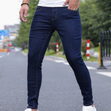 kkboxly  Contrast Stitching Slim Fit Jeans, Men's Casual Street Style Mid Stretch Denim Pants For Spring Summer