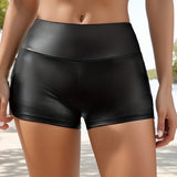 kkboxly Faux Leather Skinny Shorts, Sexy Solid Biker Shorts, Women's Clothing