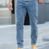 Straight Leg Cotton Jeans, Men's Casual Street Style Classic Design Solid Color Mid Stretch Denim Pants For Spring Summer