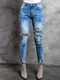 kkboxly  Leopard Print Ripped Skinny Jeans, Embossed Crotch Raw Hem Long Pants, Women's Denim Jeans & Clothing