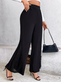 kkboxly  Solid Color Wide Leg Pants, Elegant Contrast Lace Loose Pants For Every Day, Women's Clothing