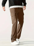 kkboxly  Zipper Design, Men's Corduroy Cargo Pants With Flap Pockets, Comfy Trendy Trousers