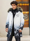 kkboxly  Men's Casual Mountain Print Hooded Warm Thick Jacket, Chic Fleece Lined Coat For Fall Winter