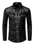 kkboxly Cow Boy Style Men's Chic Embroidered Long Sleeve Lapel Shirt, Spring Fall