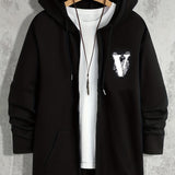 Letter V In The Mist Print Men's Hooded Sweatshirt Casual Long Sleeve Hoodies With Full Zip-Up Gym Sports Hooded Jacket