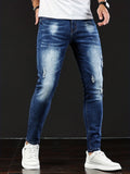 kkboxly  Slim Fit Ripped Jeans, Men's Casual Street Style Distressed Medium Stretch Denim Pants