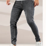 kkboxly  Contrast Stitching Slim Fit Jeans, Men's Casual Street Style Mid Stretch Denim Pants For Spring Summer