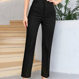 kkboxly  Solid Button High Waist Slim Pants, Elegant Pants For Spring & Fall, Women's Clothing