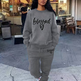 kkboxly Blessed Letter Print Casual Two-piece Set, Crew Neck Long Sleeve Tops & Drawstring Jogger Pants Outfits, Women's Clothing