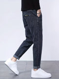 kkboxly  Multi Pocket Loose Fit Harem Pants, Men's Casual Chic Medium Stretch Denim Pants For All Seasons