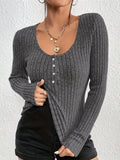 kkboxly  Ribbed Button Front Crew Neck T-Shirt, Casual Long Sleeve Top For Spring & Fall, Women's Clothing