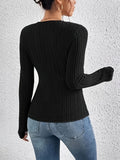 kkboxly Ribbed Cross Front V Neck T-Shirt, Casual Long Sleeve Top For Spring & Fall, Women's Clothing