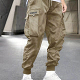 kkboxly  Men's Letter Graphic Drawstring Waist Cargo Pants With Flap Pockets