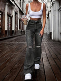 Plain Pipped Holes Flare Jeans, Slash Pockets Distressed High Waist Bell Bottom High Rise Denim Pants, Women's Denim Jeans & Clothing