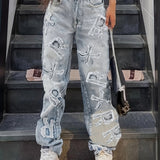 Letter Patch Faded Frayed Boyfriend Jeans, Distressed Loose Low Waist Street Style Denim Pants, Women's Denim Jeans & Clothing