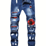 kkboxly  Paint Splatter Plaid Ripped Jeans, Men's Casual Street Style Straight Leg Distressed Slightly Stretch Cotton Blend Denim Pants For Spring Summer