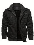 kkboxly  Warm Plush Fleece Cotton Jacket, Men's Casual Zipper Pockets Stand Collar Jacket Coat For Fall Winter