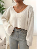 kkboxly  Solid V Neck Knit Sweater, Casual Long Sleeve Pullover Sweater, Women's Clothing