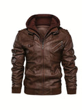 kkboxly  Men's PU Hooded Biker Jacket, Men's Casual Multi Pockets Stylish Faux Leather Jacket Coat