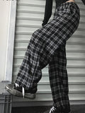 kkboxly  Plus Size Casual Pants, Women's Plus Plaid Print Elastic High Rise Wide Leg Trousers With Pockets