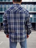 kkboxly  Plus Size Men's Geometric Plaid Long Sleeve Shirt With Pockets For Casual Outfit, Comfy Collared Shirt, Oversized Loose Tops For Men