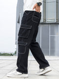 Multi Pocket Wide Leg Jeans, Men's Casual Street Style Loose Fit Cargo Denim Pants For All Seasons