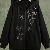 kkboxly  Star Print Zip Up Drawstring Hoodie, Vintage Long Sleeve Hoodies Sweatshirt With Pocket, Women's Clothing