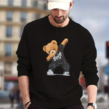 Stylish Teddy Bear Print Trendy Sweatshirt, Men's Casual Graphic Design Slightly Stretch Crew Neck Pullover Sweatshirt For Autumn Winter