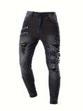 Men's Chic Skinny Biker Jeans, Casual Street Style Medium Stretch Denim Pants