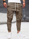 kkboxly  Solid Multi Flap Pockets Men's Drawstring Cargo Pants, Slim Fit Elastic Casual Outdoor Pants, Men's Work Pants