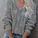 kkboxly  Cut Out V Neck Sweater, Casual Long Sleeve Sweater For Fall & Winter, Women's Clothing