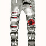 kkboxly  Paint Splatter Plaid Ripped Jeans, Men's Casual Street Style Straight Leg Distressed Slightly Stretch Cotton Blend Denim Pants For Spring Summer