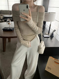 kkboxly  Solid Off Shoulder Knitted Top, Y2K Long Sleeve Slim Sweater For Spring & Fall, Women's Clothing