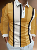 kkboxly  Men's Color Block Stripe Long Sleeve Zip Polo Shirt, Men's Clothing