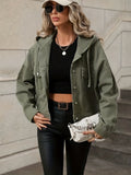 Green Long Sleeves Denim Jackets, Flap Pockets Non-Stretch Hooded Denim Coats, Women's Denim Clothing