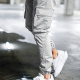 kkboxly  Solid Color Men's Chic Daily Long Drawstring Footed Cargo Pants With Zipper Pockets, Spring Fall Outdoor