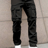 kkboxly  Solid Multi Flap Pockets Men's Straight Leg Cargo Pants, Loose Casual Outdoor Pants, Men's Work Pants Streetwear