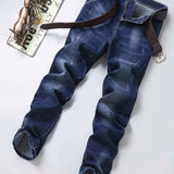 kkboxly  Slim Fit Distressed Jeans, Men's Casual Slightly Stretch Chic Denim Pants For Spring Summer