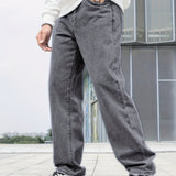 kkboxly  Loose Fit Wide Leg Jeans, Men's Casual Street Style Denim Pants For All Seasons