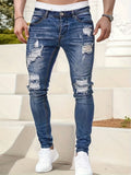 kkboxly  Slim Fit Ripped Jeans, Men's Casual Street Style Distressed Medium Stretch Denim Pants