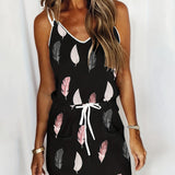 Kkboxly   Feather Print Cami Dress, Drawstring Waist Random Print Casual Dress For Summer & Spring, Women's Clothing