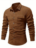 kkboxly Solid Corduroy Men's Long Sleeve Shirt With Chest Pocket, Men's Thick Casual Button Up Shirt For Fall Winter