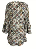 kkboxly Ethnic Print Guipure Lace V-neck Dress, Vintage Layered Flare Sleeve Dress For Spring & Fall, Women's Clothing