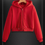 kkboxly  Solid Color Drawstring Crop Hoodie, Casual Zip Up Long Sleeve Hooded Sweatshirt